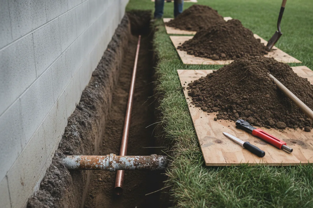 Excavated water line trench during Sewer Line Repair in Rowena